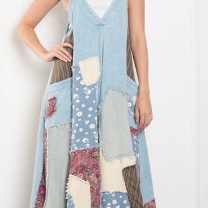 BlueVELVET Patchwork Jumpsuit in Blue and Cream Size L/XL